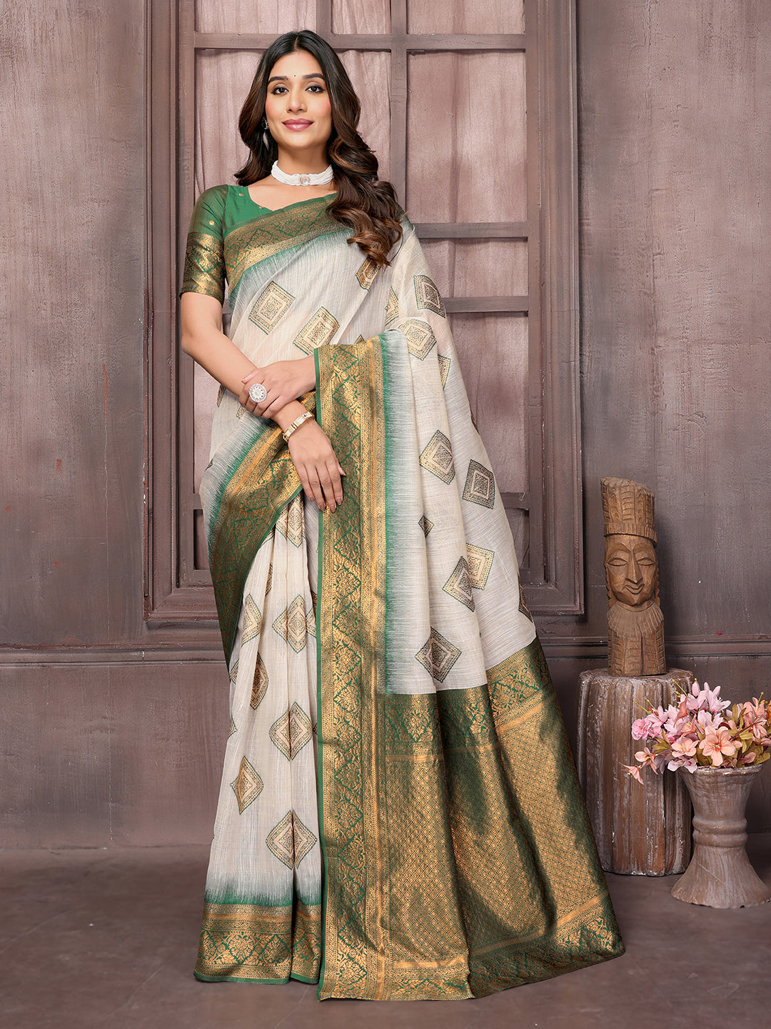 Janasya Beige & Green Cotton Linen Ethnic Print Kanjivaram Saree