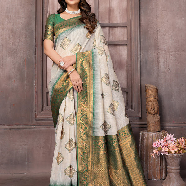 Janasya Beige & Green Cotton Linen Ethnic Print Kanjivaram Saree - Distacart