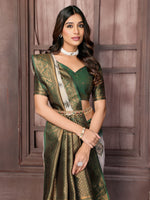 Thumbnail for Janasya Beige & Green Cotton Linen Ethnic Print Kanjivaram Saree