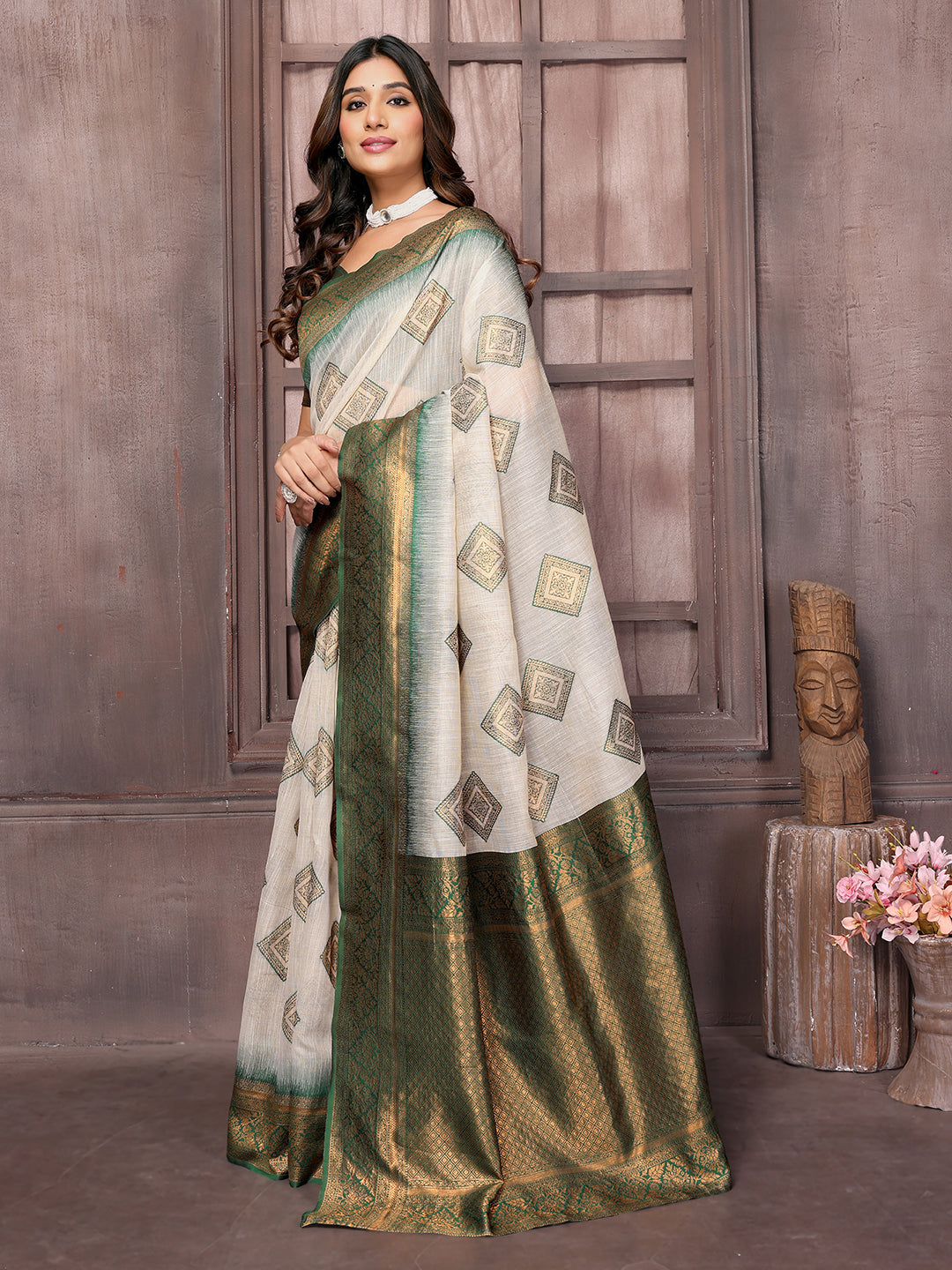 Janasya Beige & Green Cotton Linen Ethnic Print Kanjivaram Saree