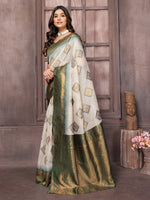 Thumbnail for Janasya Beige & Green Cotton Linen Ethnic Print Kanjivaram Saree