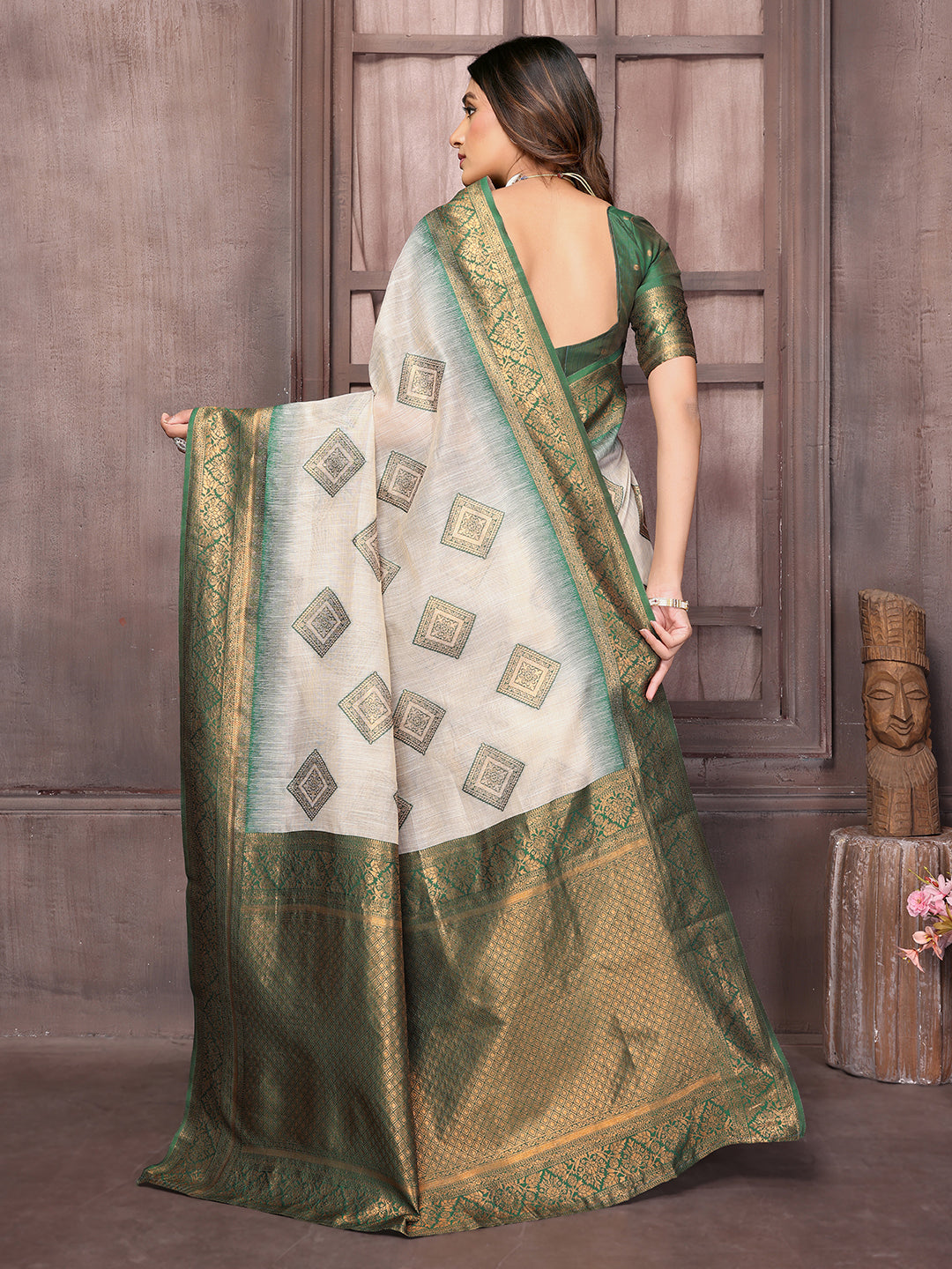 Janasya Beige & Green Cotton Linen Ethnic Print Kanjivaram Saree