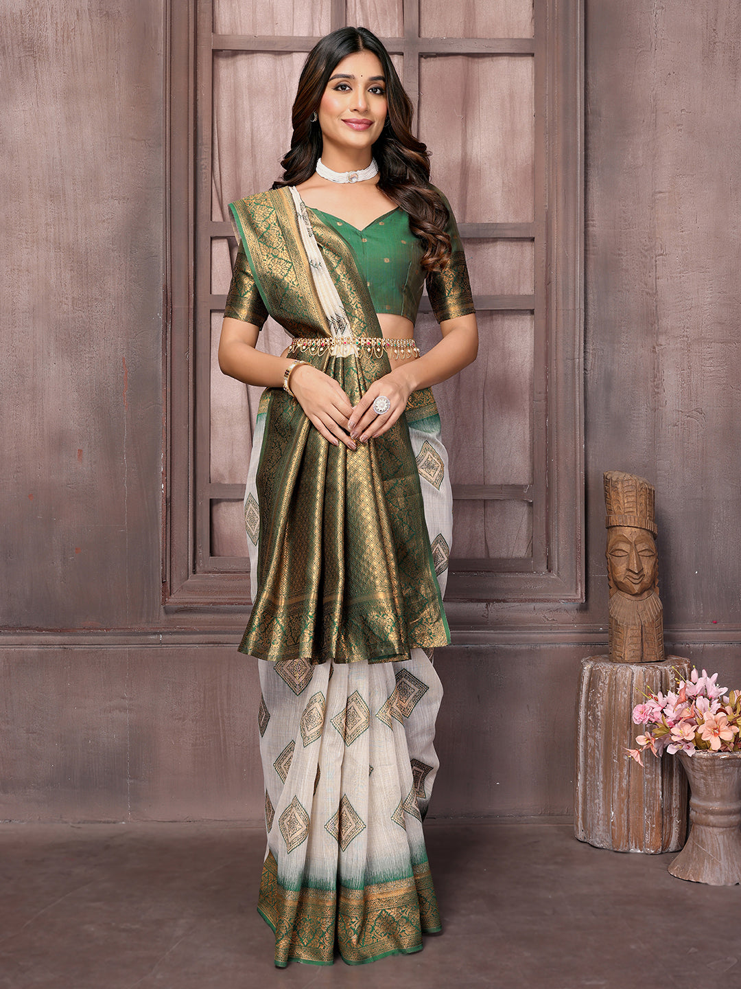 Janasya Beige & Green Cotton Linen Ethnic Print Kanjivaram Saree