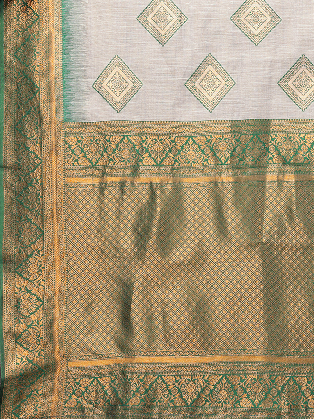 Janasya Beige & Green Cotton Linen Ethnic Print Kanjivaram Saree