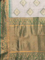 Thumbnail for Janasya Beige & Green Cotton Linen Ethnic Print Kanjivaram Saree