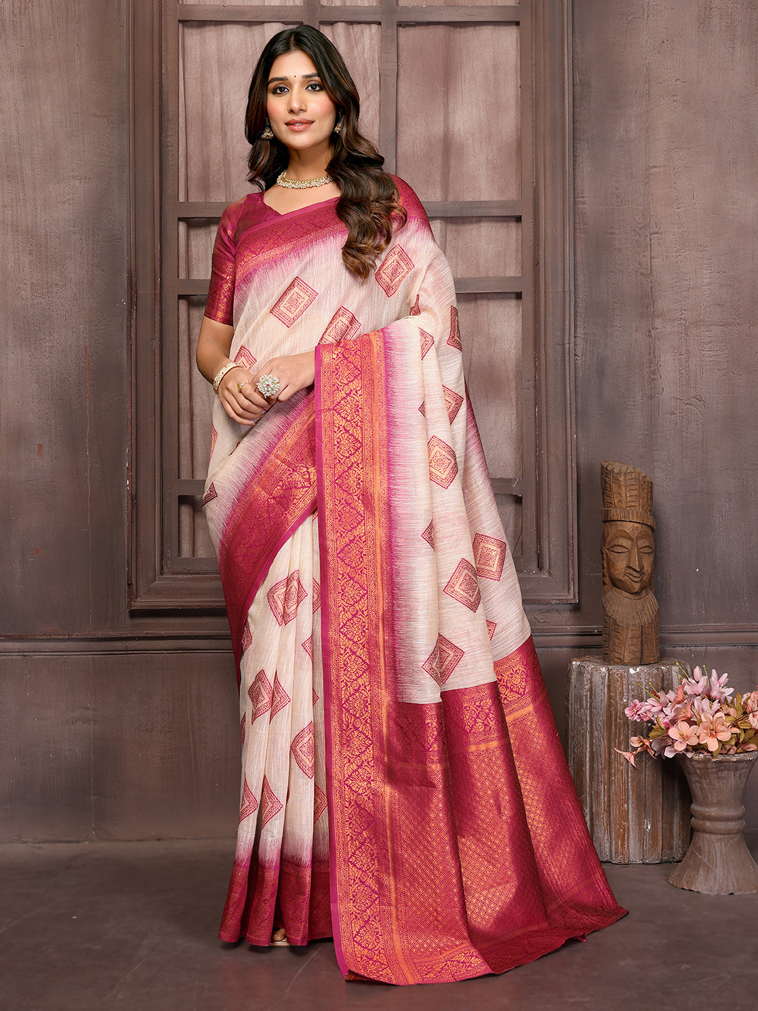 Janasya Beige & Wine Cotton Linen Ethnic Motifs Kanjivaram Saree