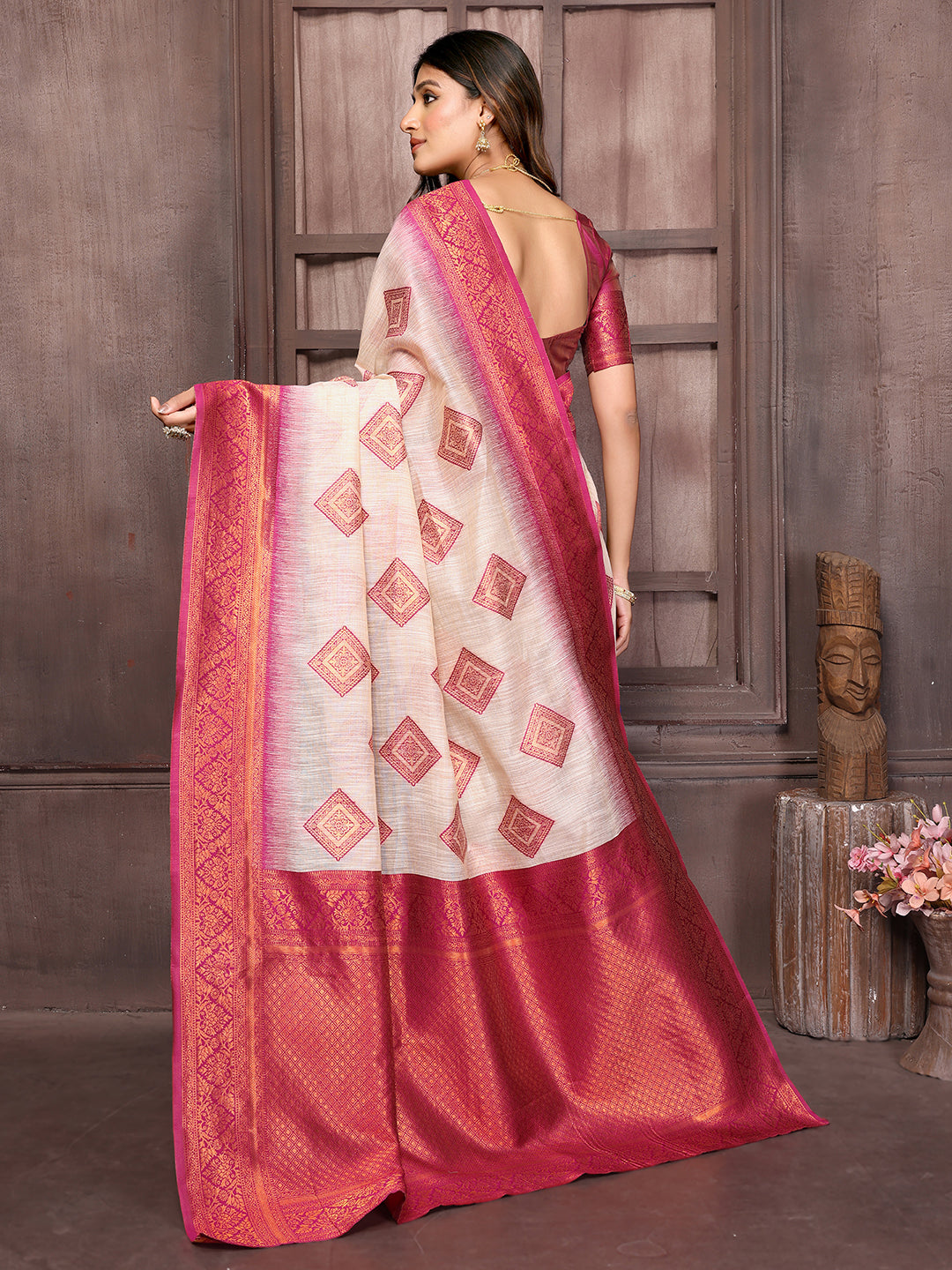 Janasya Beige & Wine Cotton Linen Ethnic Motifs Kanjivaram Saree