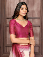 Thumbnail for Janasya Beige & Wine Cotton Linen Ethnic Motifs Kanjivaram Saree