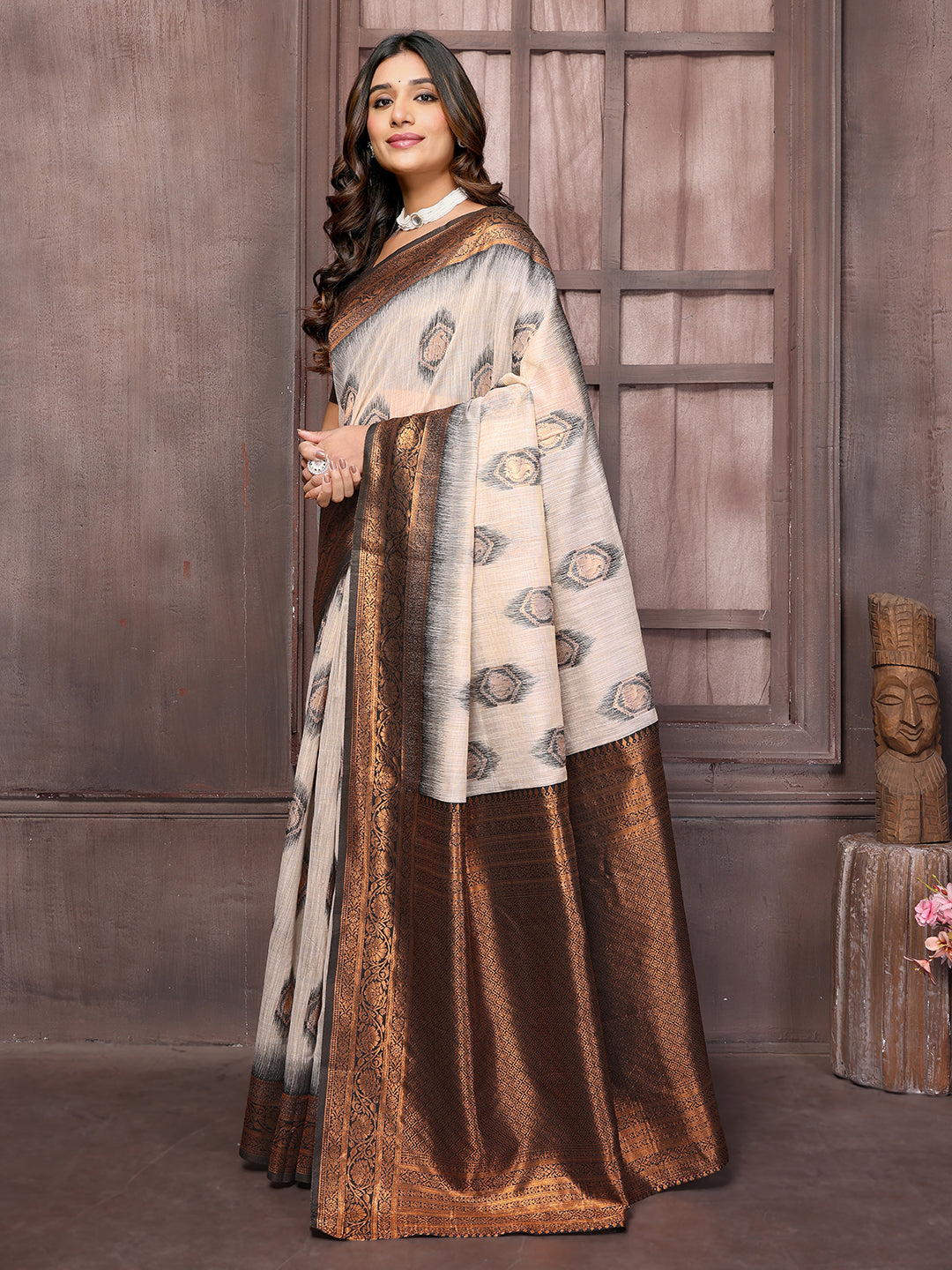 Janasya Beige & Brown Cotton Linen Ethnic Motifs Kanjivaram Saree
