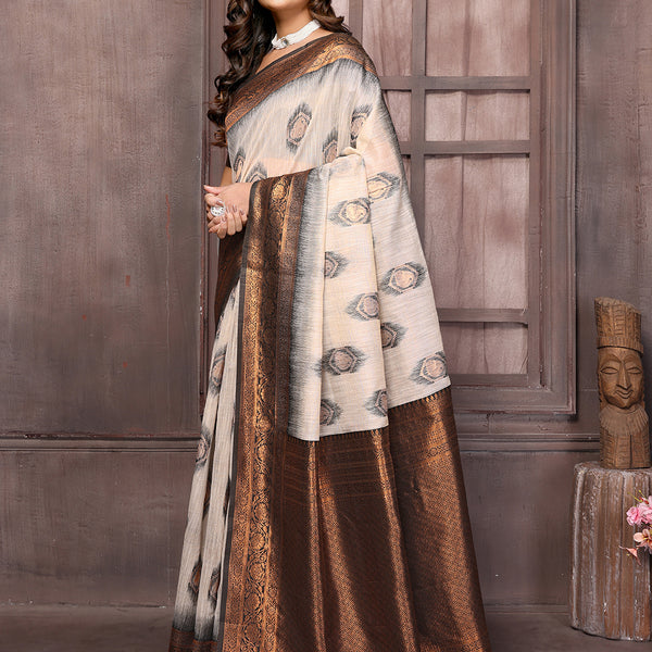 Janasya Beige & Brown Cotton Linen Ethnic Motifs Kanjivaram Saree