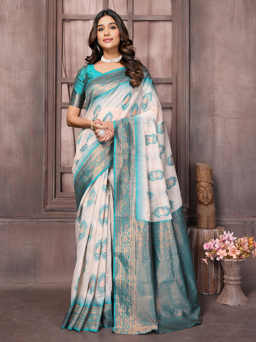 Janasya Beige & Teal Blue Cotton Linen Ethnic Motifs Kanjivaram Saree