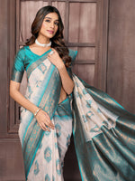 Thumbnail for Janasya Beige & Teal Blue Cotton Linen Ethnic Motifs Kanjivaram Saree