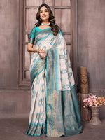 Thumbnail for Janasya Beige & Teal Blue Cotton Linen Ethnic Motifs Kanjivaram Saree