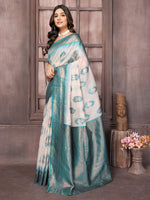 Thumbnail for Janasya Beige & Teal Blue Cotton Linen Ethnic Motifs Kanjivaram Saree