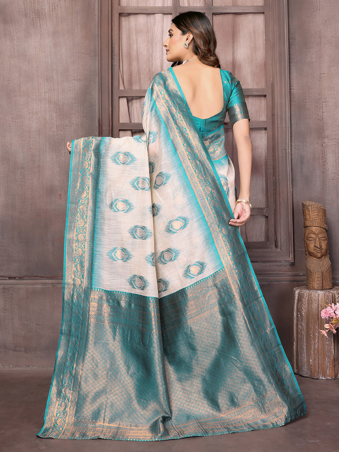 Janasya Beige & Teal Blue Cotton Linen Ethnic Motifs Kanjivaram Saree