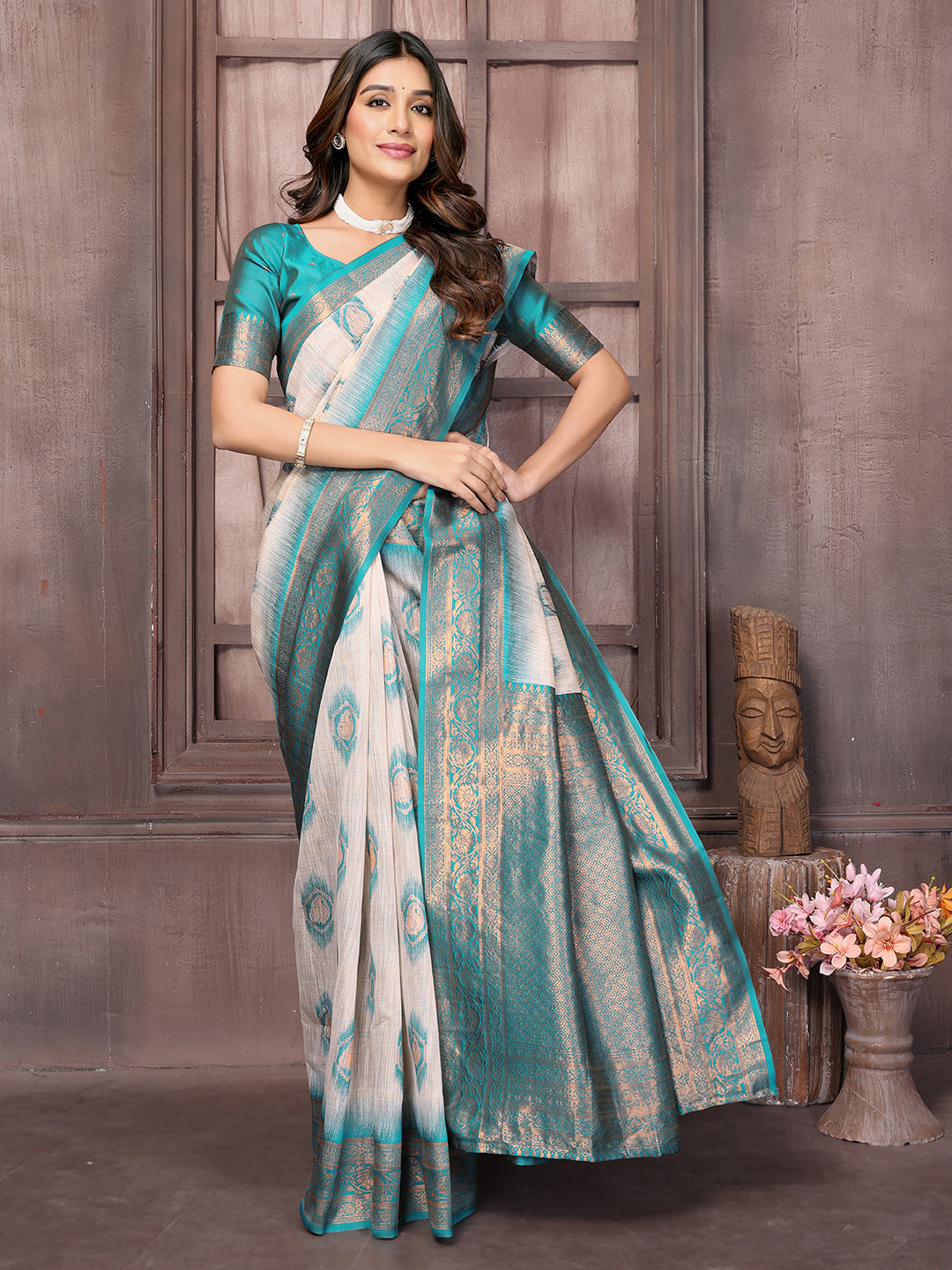 Janasya Beige & Teal Blue Cotton Linen Ethnic Motifs Kanjivaram Saree