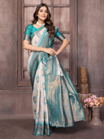Thumbnail for Janasya Beige & Teal Blue Cotton Linen Ethnic Motifs Kanjivaram Saree
