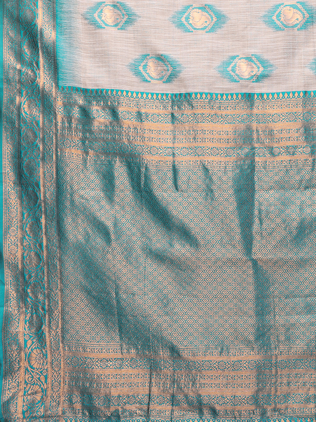 Janasya Beige & Teal Blue Cotton Linen Ethnic Motifs Kanjivaram Saree