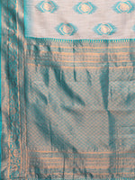 Thumbnail for Janasya Beige & Teal Blue Cotton Linen Ethnic Motifs Kanjivaram Saree