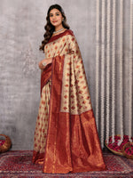Thumbnail for Janasya Beige Silk Blend Ethnic Motifs Kanjivaram Saree