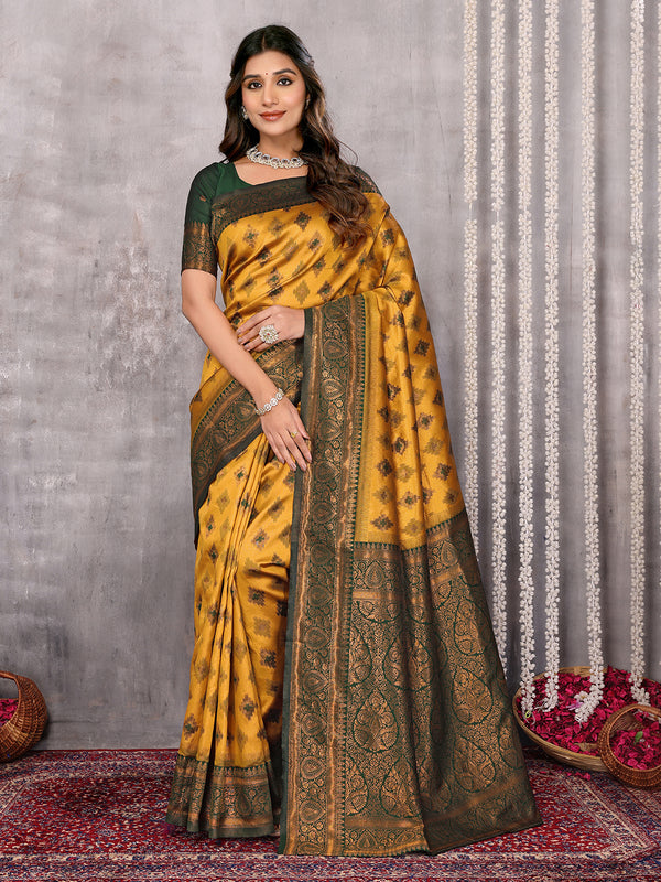 Janasya Mustard Silk Blend Ethnic Motifs Kanjivaram Saree