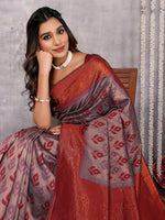 Thumbnail for Janasya Grey & Maroon Silk Blend Ethnic Motifs Kanjivaram Saree