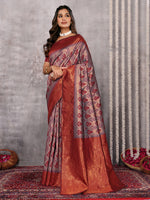 Thumbnail for Janasya Grey & Maroon Silk Blend Ethnic Motifs Kanjivaram Saree