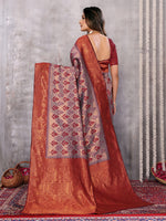 Thumbnail for Janasya Grey & Maroon Silk Blend Ethnic Motifs Kanjivaram Saree