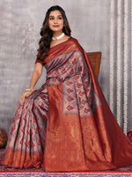 Thumbnail for Janasya Grey & Maroon Silk Blend Ethnic Motifs Kanjivaram Saree