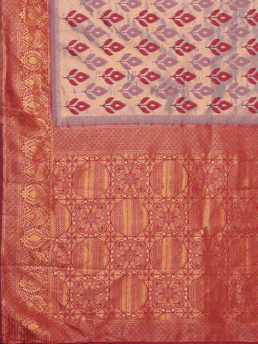 Janasya Grey & Maroon Silk Blend Ethnic Motifs Kanjivaram Saree