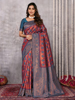 Thumbnail for Janasya Purple & Copper Silk Blend Ethnic Motifs Kanjivaram Saree