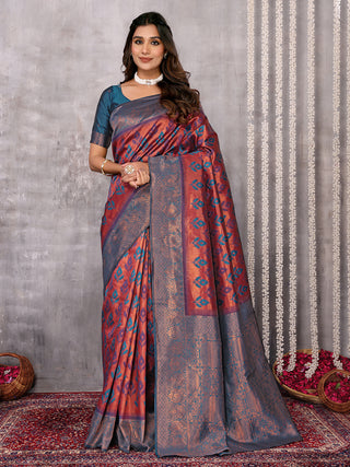 Janasya Purple & Copper Silk Blend Ethnic Motifs Kanjivaram Saree
