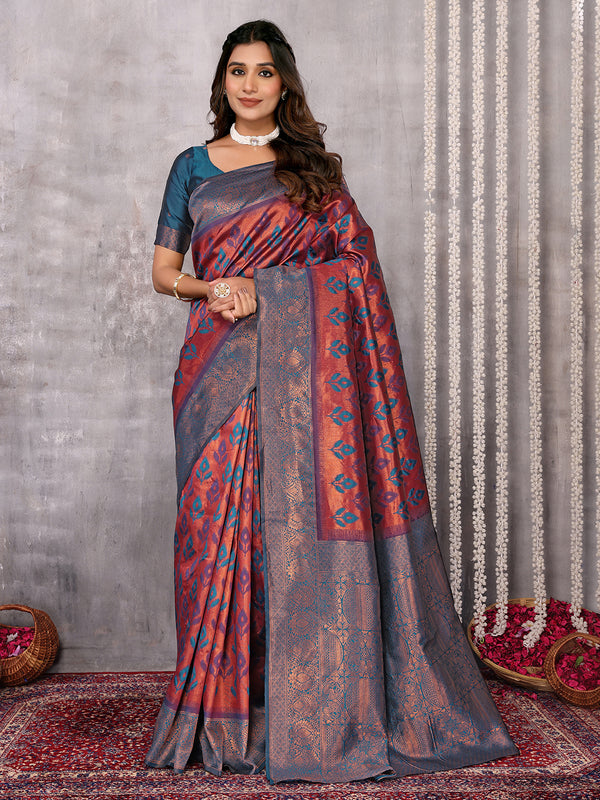 Janasya Purple & Copper Silk Blend Ethnic Motifs Kanjivaram Saree