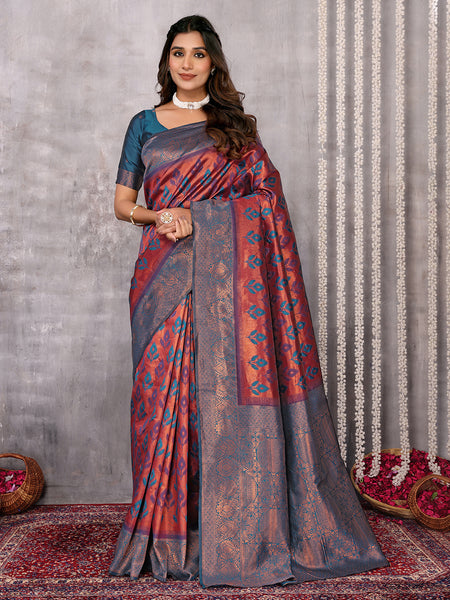 Janasya Purple & Copper Silk Blend Ethnic Motifs Kanjivaram Saree