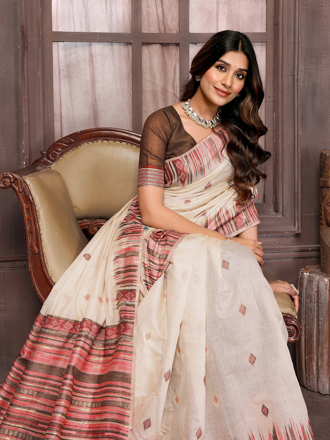 Janasya Beige Chanderi Geometric Woven Saree