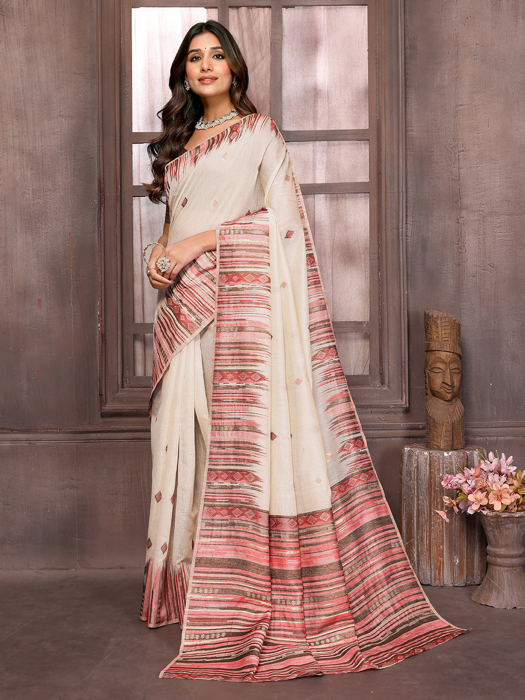 Janasya Beige Chanderi Geometric Woven Saree