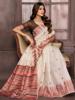 Thumbnail for Janasya Beige Chanderi Geometric Woven Saree