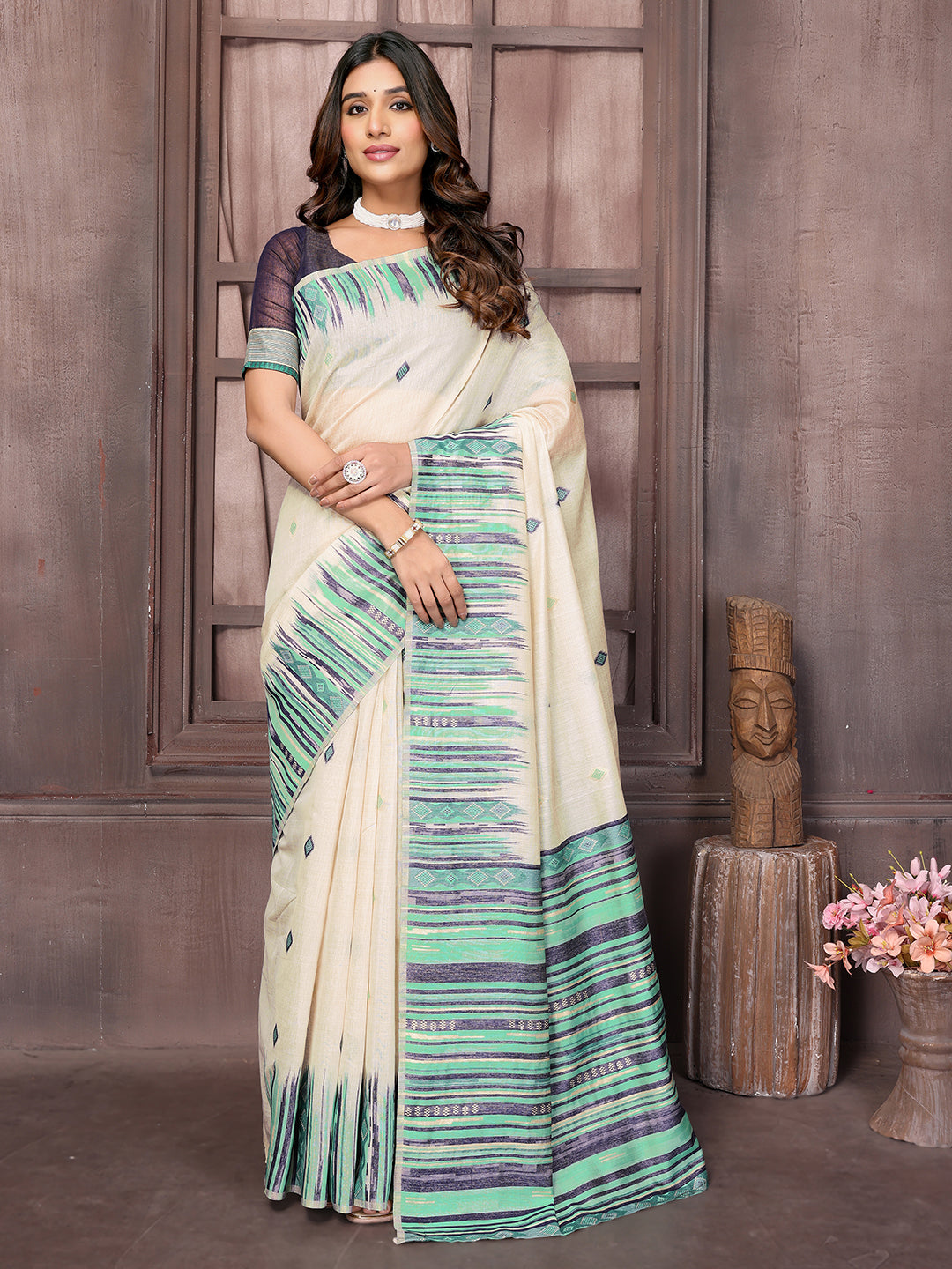 Janasya Beige & Blue Chanderi Geometric Woven Saree