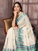 Thumbnail for Janasya Beige & Blue Chanderi Geometric Woven Saree