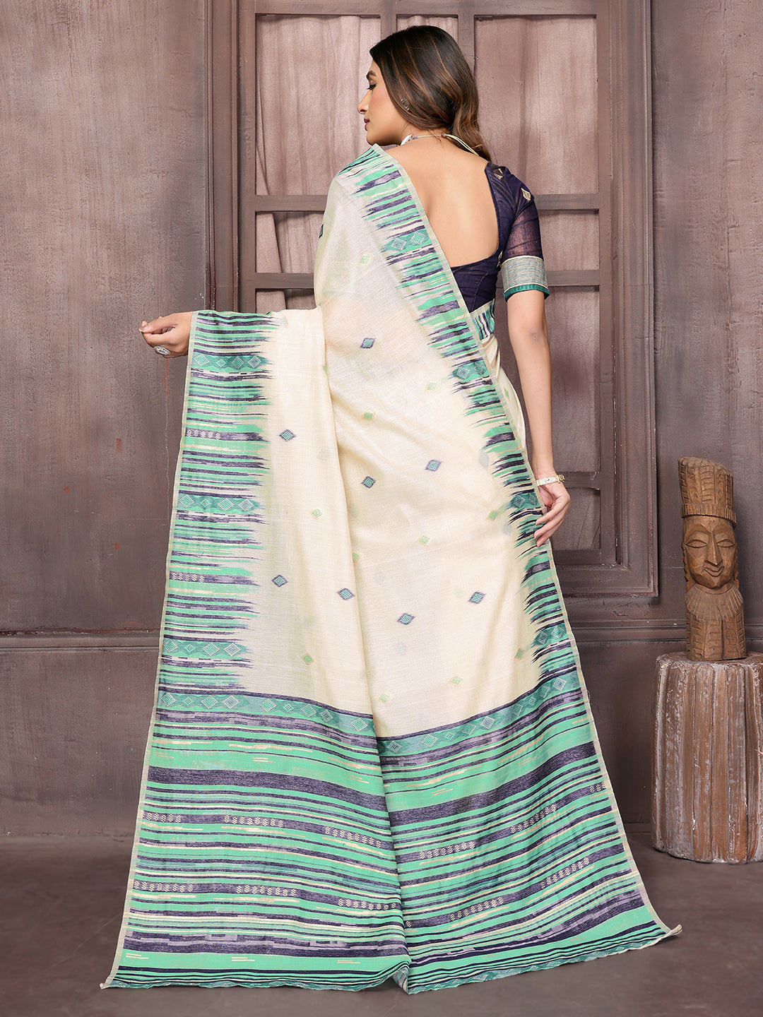 Janasya Beige & Blue Chanderi Geometric Woven Saree