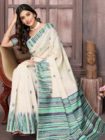 Thumbnail for Janasya Beige & Blue Chanderi Geometric Woven Saree