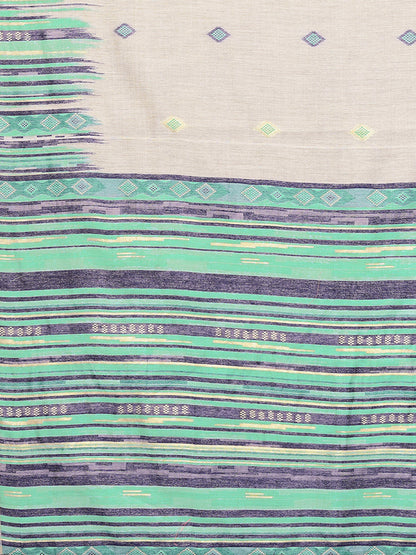 Janasya Beige & Blue Chanderi Geometric Woven Saree - Distacart