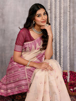 Thumbnail for Janasya Beige & Mauve Cotton Linen Geometric Woven Saree