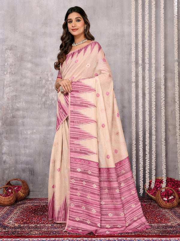 Janasya Beige & Mauve Cotton Linen Geometric Woven Saree