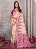 Thumbnail for Janasya Beige & Mauve Cotton Linen Geometric Woven Saree