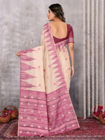 Thumbnail for Janasya Beige & Mauve Cotton Linen Geometric Woven Saree