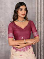 Thumbnail for Janasya Beige & Mauve Cotton Linen Geometric Woven Saree