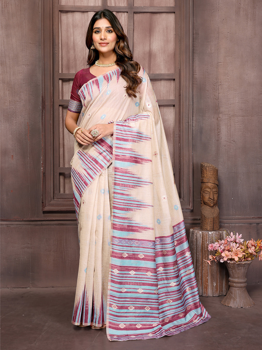 Janasya Beige & Wine Chanderi Geometric Woven Saree