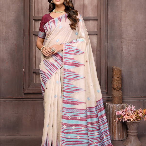 Janasya Beige & Wine Chanderi Geometric Woven Saree