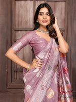 Thumbnail for Janasya Mauve Cotton Linen Ethnic Print Woven Saree